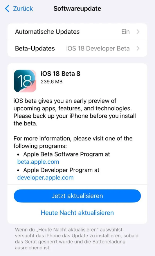 柯城苹果手机维修分享苹果 iOS / iPadOS 18 开发者预览版 Beta 8 发布 